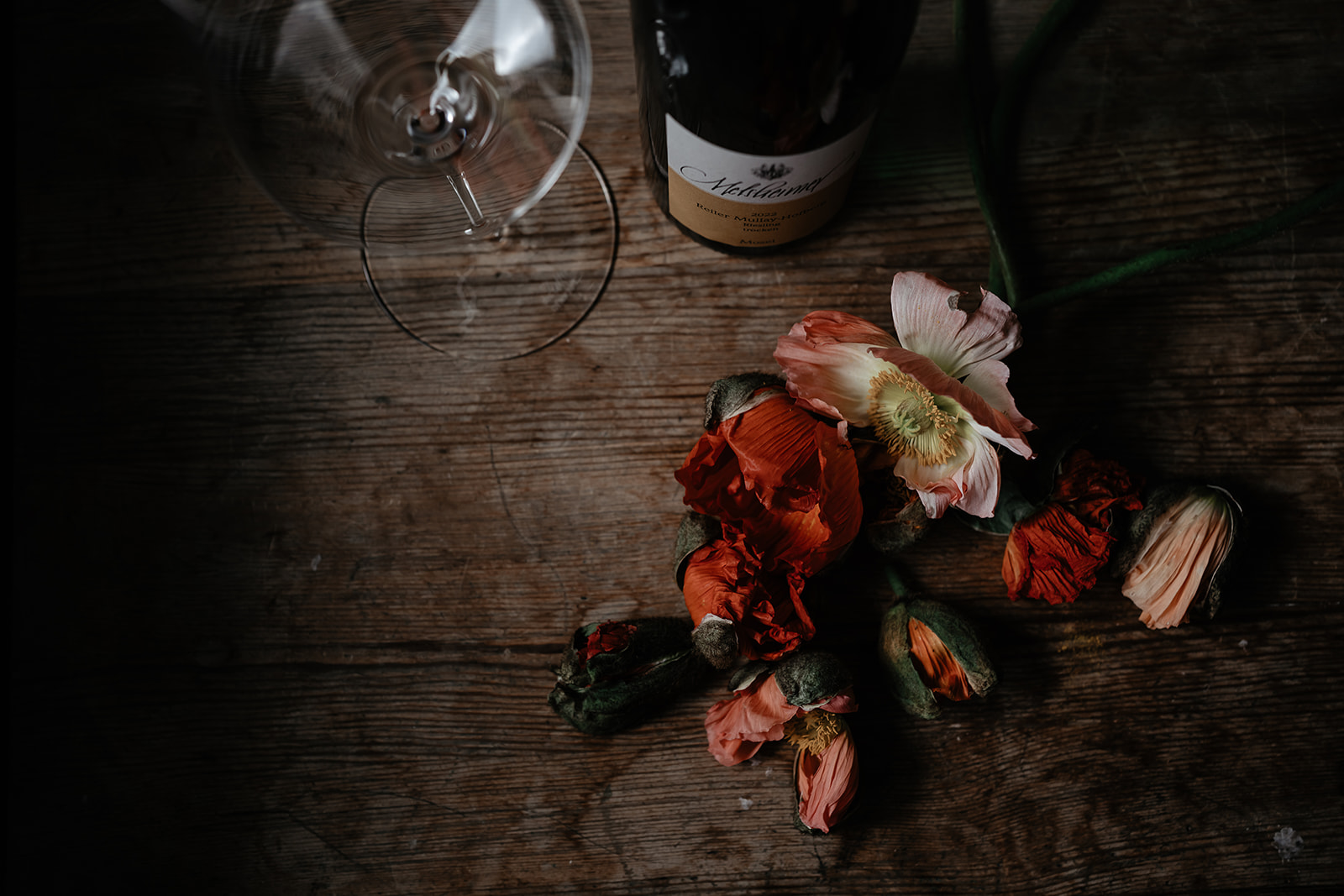 Glas med Mullay-Hofberg Riesling Trocken 2022, ljust halmgult vin med citrus- och persikotoner, placerat framför vårgrönskande Mosel-sluttningar. Smörstekt gös, sparris och ost på tallriken i bakgrunden. Solig morgon, skiffer och mineral i luften, vinets rak syra och taktila mineralitet nästan synlig i glaset.